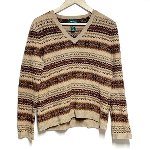Lauren by Ralph Lauren Lambswool Nordic Fair Isle V Neck Sweater Sz Womens L - Picture 1 of 5